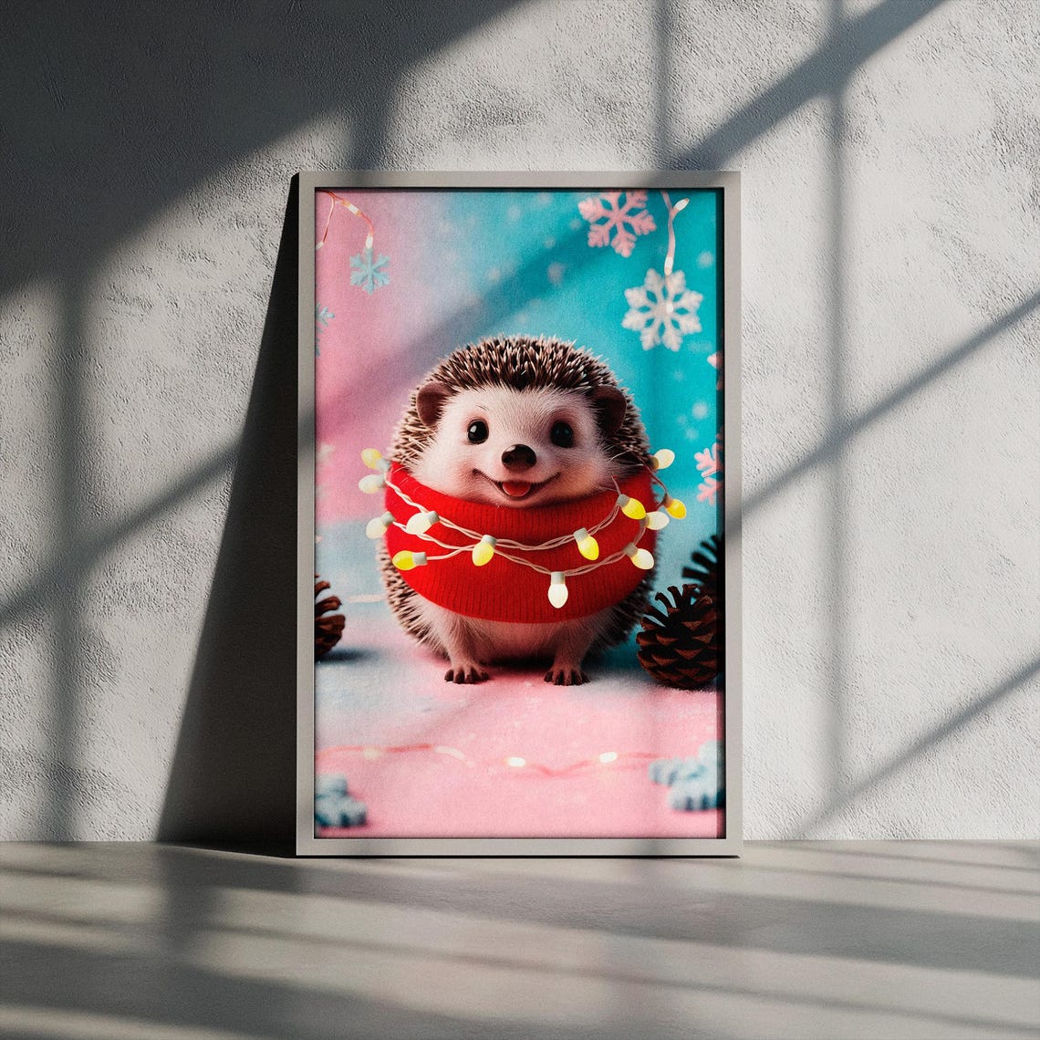 Smiling Hedgehog in Red Sweater Wrapped in Christmas Lights Poster