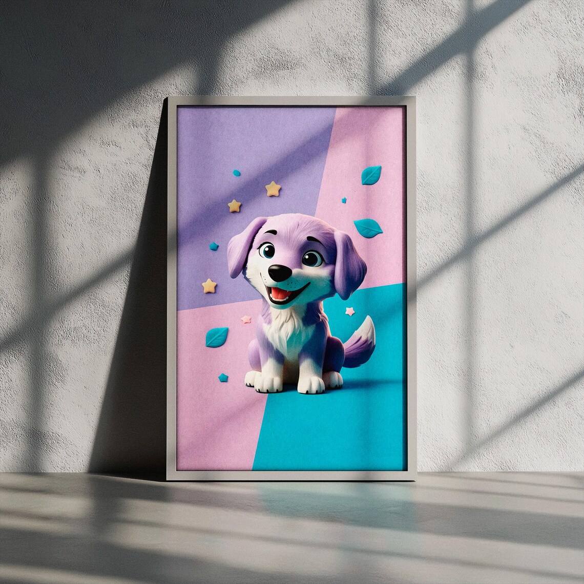 Adorable Pastel Lavender Puppy with Stars Cute 3D Nursery Dog Poster