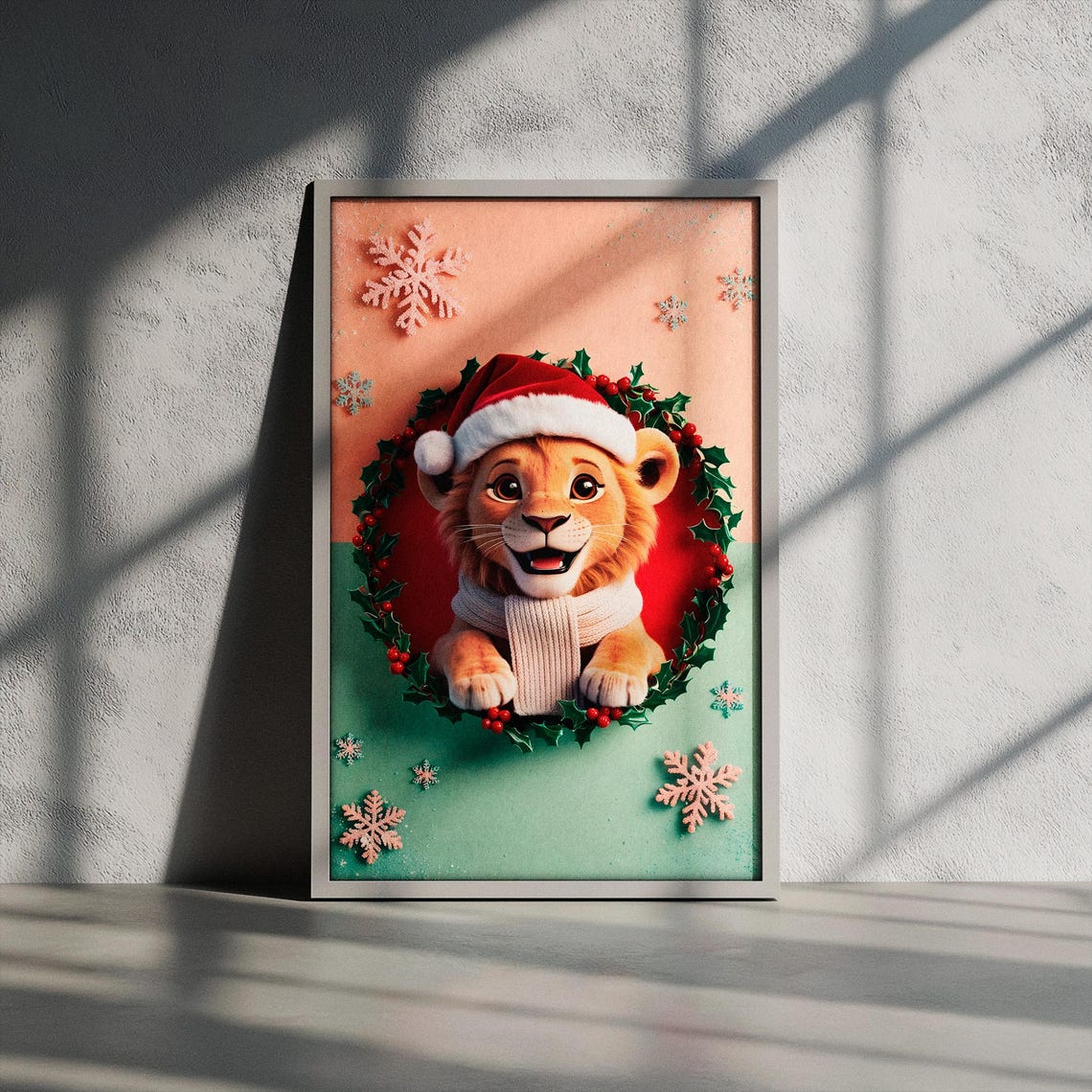Baby Lion Cub Peeking Through Holly Wreath in Santa Hat Poster