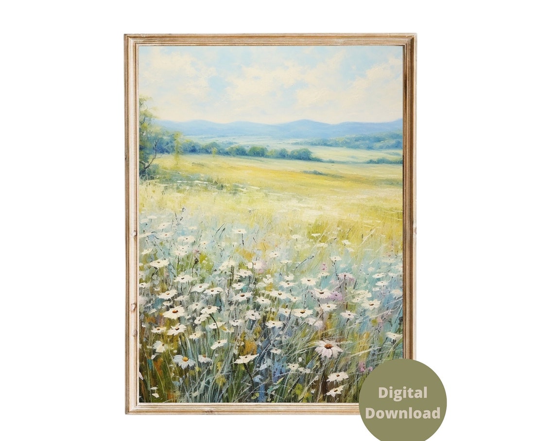 White Wildflower Meadow Landscape Oil Painting Vintage Farm House Summer Country Field Neutral Painting Art