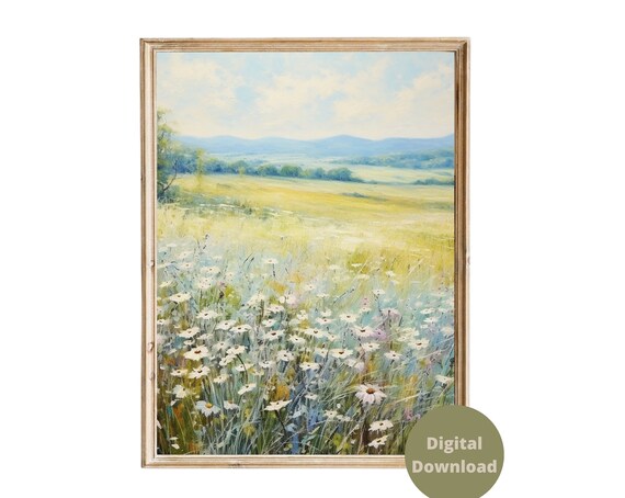 Wildflower Meadow Daisy Field Rolling Hills Summer Art Poster