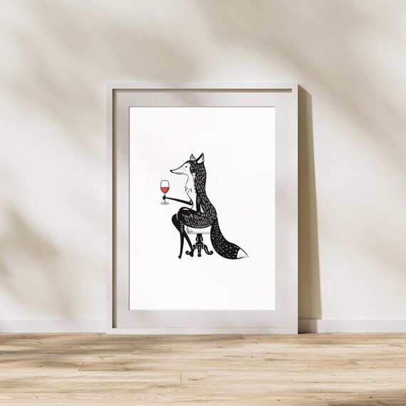 Sly Fox Sipping Red Wine Minimalist Black Line Art Animal Poster