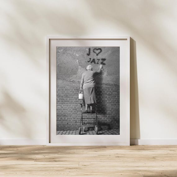 Vintage Black And White Wall Art Funny Poster Grandma Graffiti Print Retro Music Decor Jazz Lover Gift
