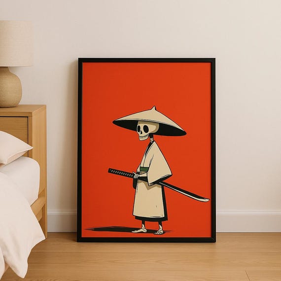 Samurai Skeleton Wall Art Minimalist Red Japanese Poster Warrior Print Bold Animestyle Decor For Bedroom Or Studio