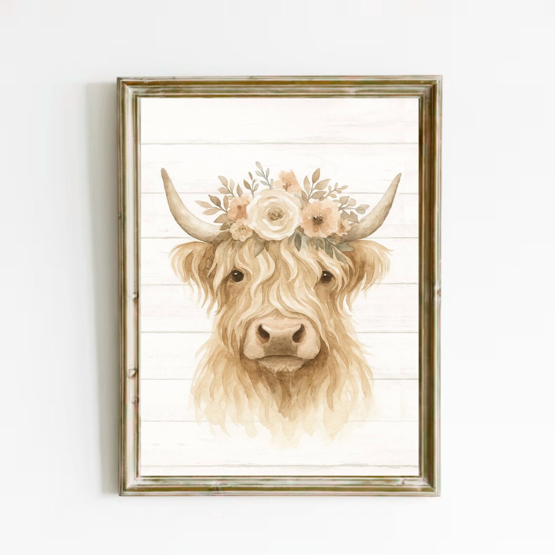 Highland Cow with Floral Crown Soft Watercolor Animal Poster