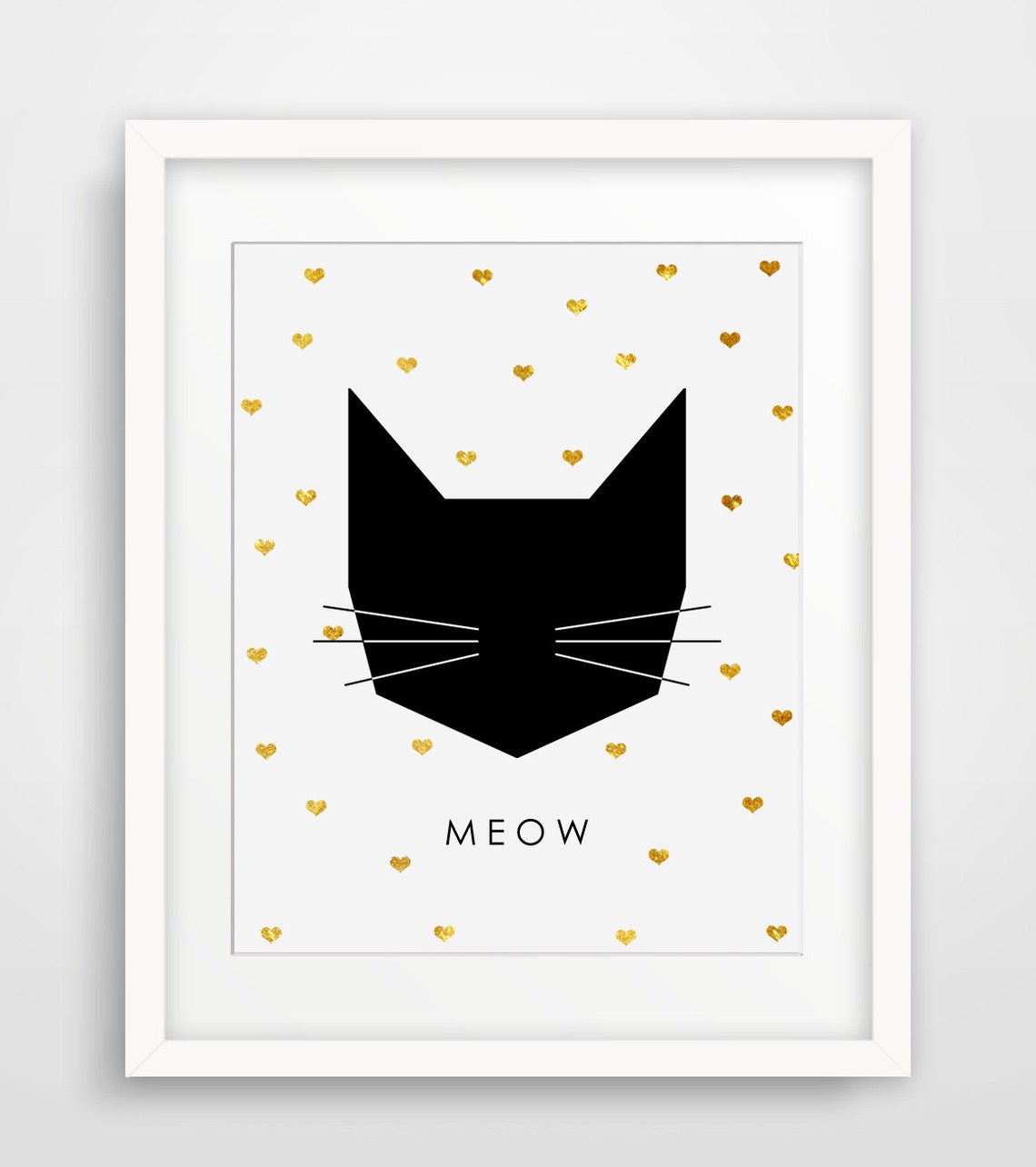 Geometric Black Cat Face Gold Heart Pattern Meow Nursery Art Poster - Image 2