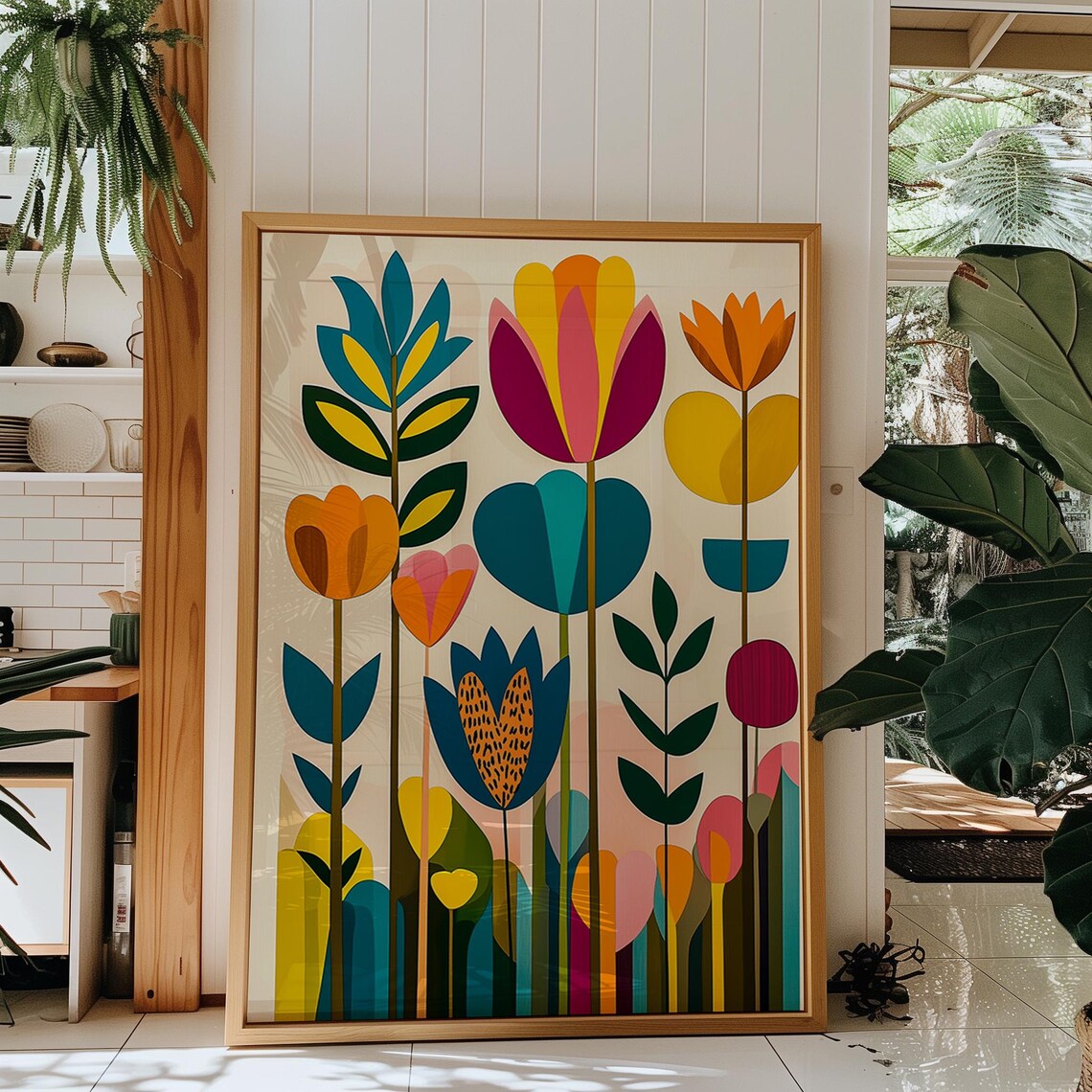 Boho Geometric Tulips Colorful Modern Floral Abstract Art Poster - Image 2