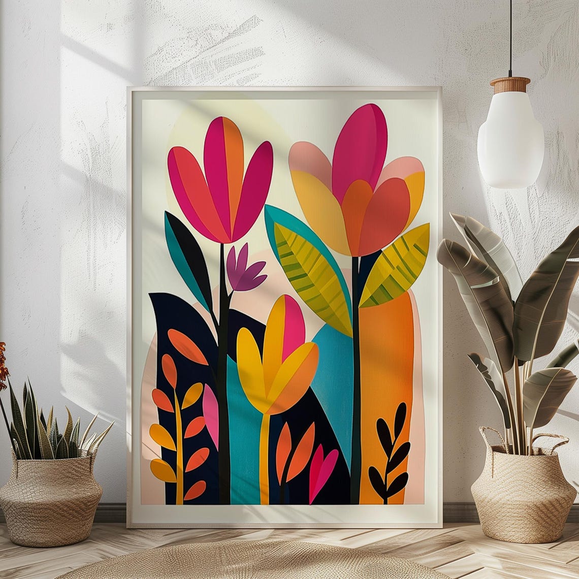 Bold Abstract Floral Hot Pink Orange Teal Modern Botanical Poster