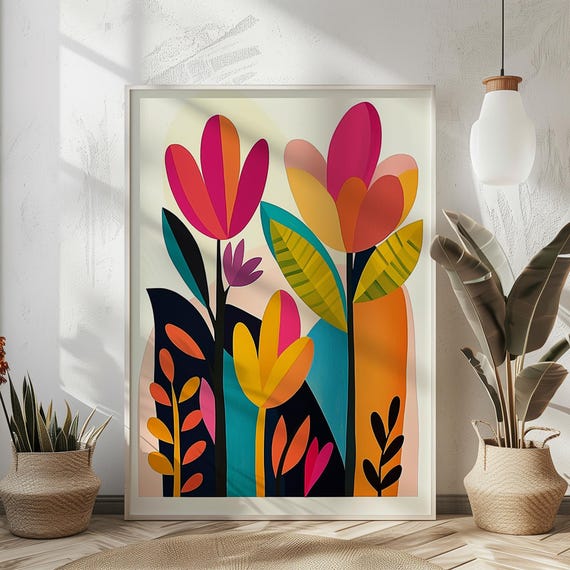 Bold Abstract Floral Art Print Colorful Botanical Wall Decor Modern Boho Flower Mid Century