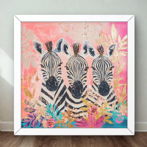 Three Zebras on Pink Gold Leaf Floral Background Nursery Wall Art