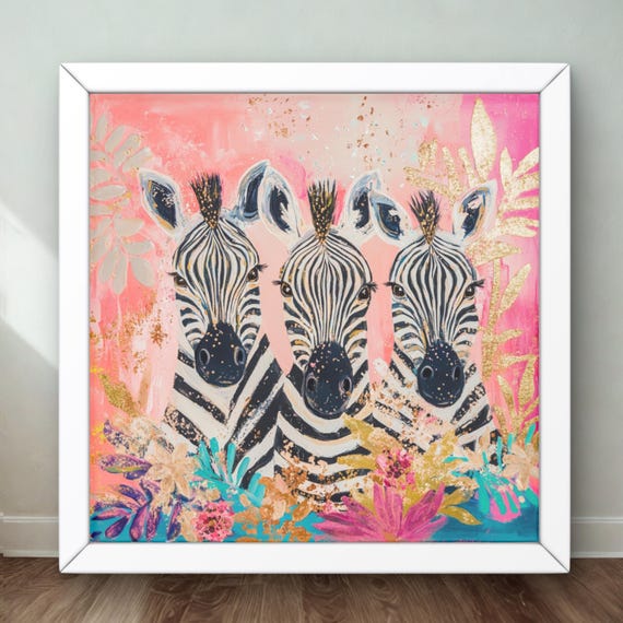 Whimsical Nursery Print Wall Art Boho Decor Floral Zebra Painting Multicolor Kids Room