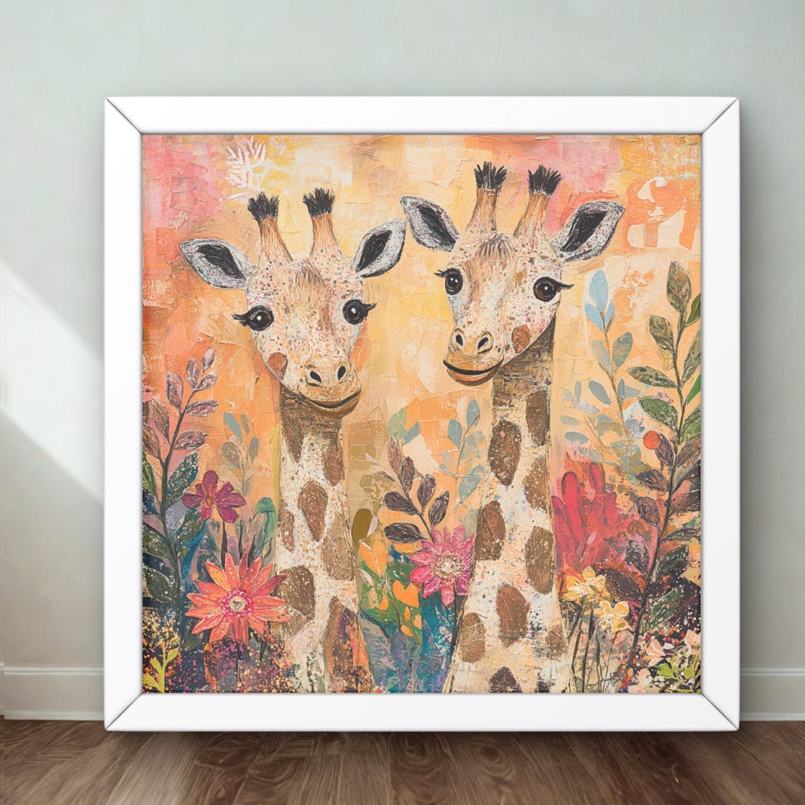 Two Smiling Giraffes in Blooming Sunset Garden Nursery Print