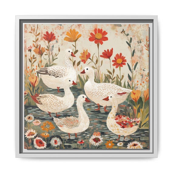 Whimsical Nursery Print Wall Art Boho Decor Floral Geese Painting Colorful Kids Room