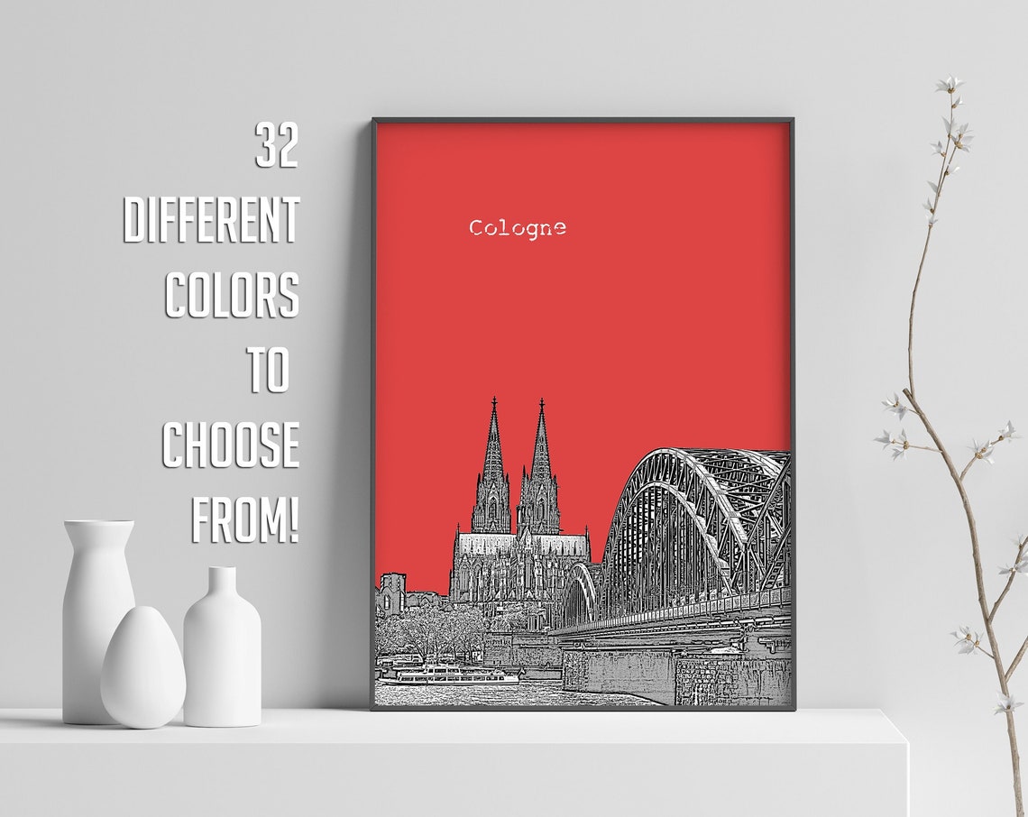 Cologne Red Pop Art Cathedral Twin Spires Bridge Sketch Print Decor