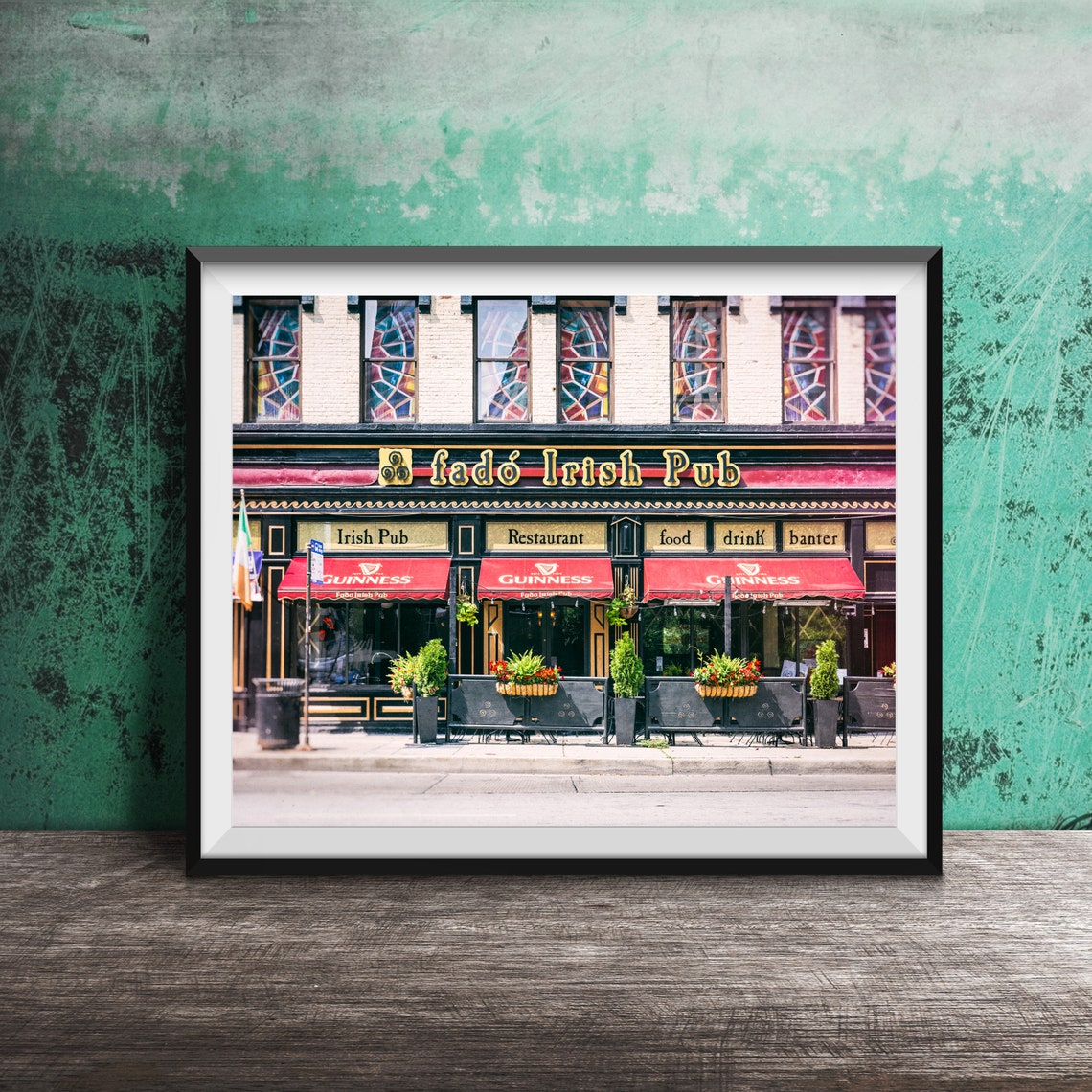 Fado Irish Pub Storefront Guinness Awnings Stained Glass Poster