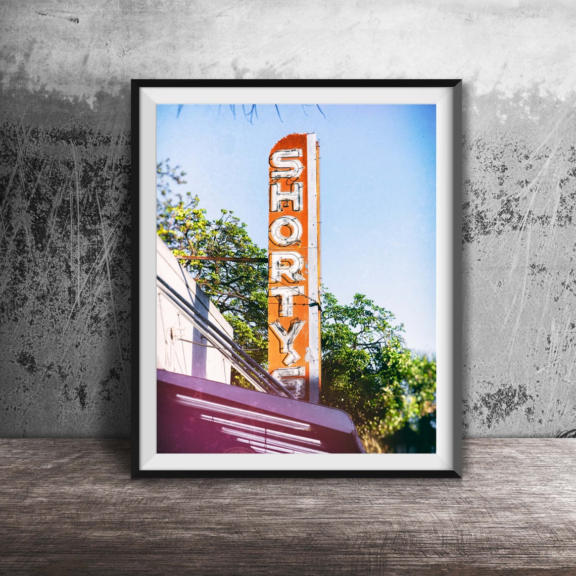 Shorty's Tall Orange Vertical Sign Against Blue Sky Photography Poster