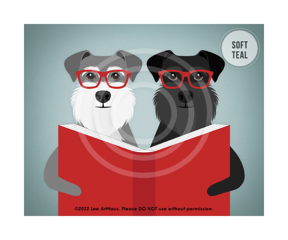 Two Schnauzers With Red Glasses Reading Big Red Book Dog Art Poster - Image 4