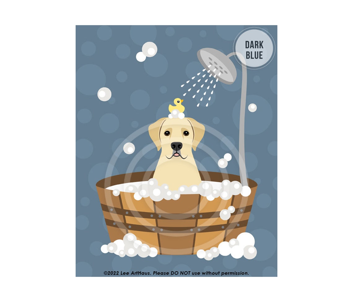 Yellow Labrador Retriever Wooden Tub Bubble Bath Dark Blue Poster