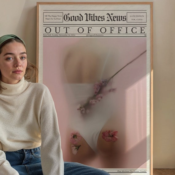 Out Of Office Print Pink Newspaper Print Girly Bedroom Wall Decor Good Vibes News Art