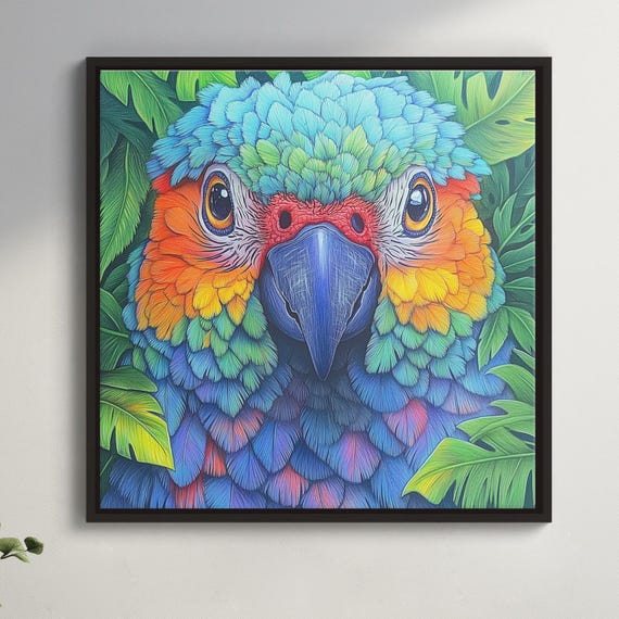 Parrot Beautifull Detailed Bold Canvas Illustration Vivid Colored Pencil Bird Portrait With Intricate Feathers In Lush Green Blue Yellow