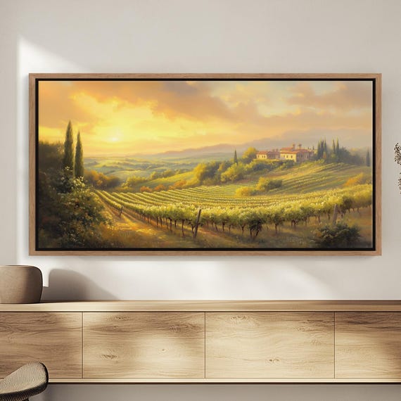 Rolling Vineyards Bathed In Morning Light Wall Art Print Dewy Grape Fields With A Rustic Farmhouse Sunkissed Countryside Canvas Painting