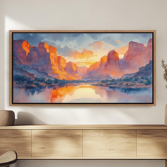 Red Rock Canyon River Sunset Watercolor Panoramic Landscape Art Poster