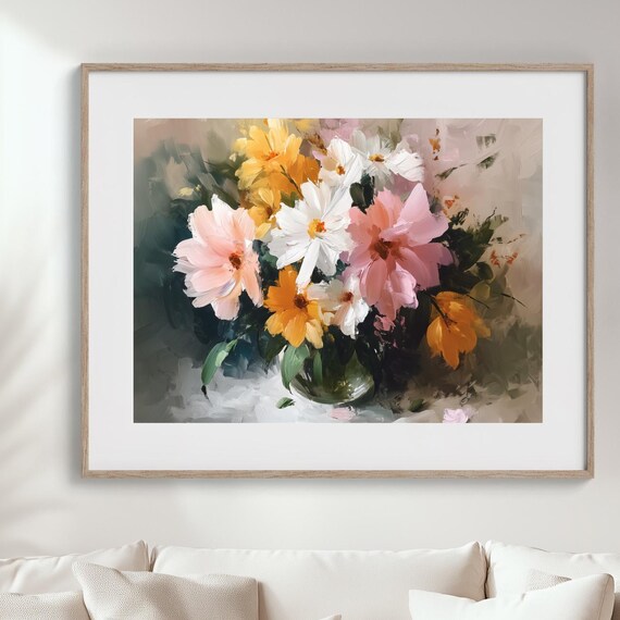 Pink White Yellow Floral Bouquet Impressionist Oil Painting Poster