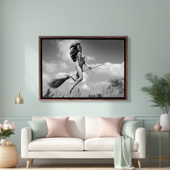 Flying Witch on Broomstick Vintage Black White Photo Art Poster