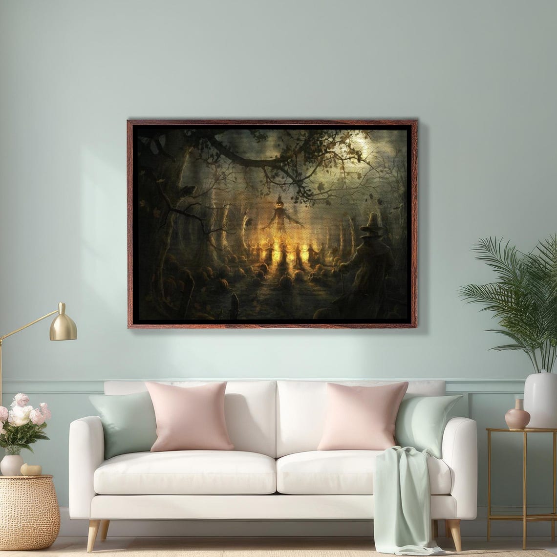 Halloween Pumpkin Patch With Scarecrow at Night Spooky Poster