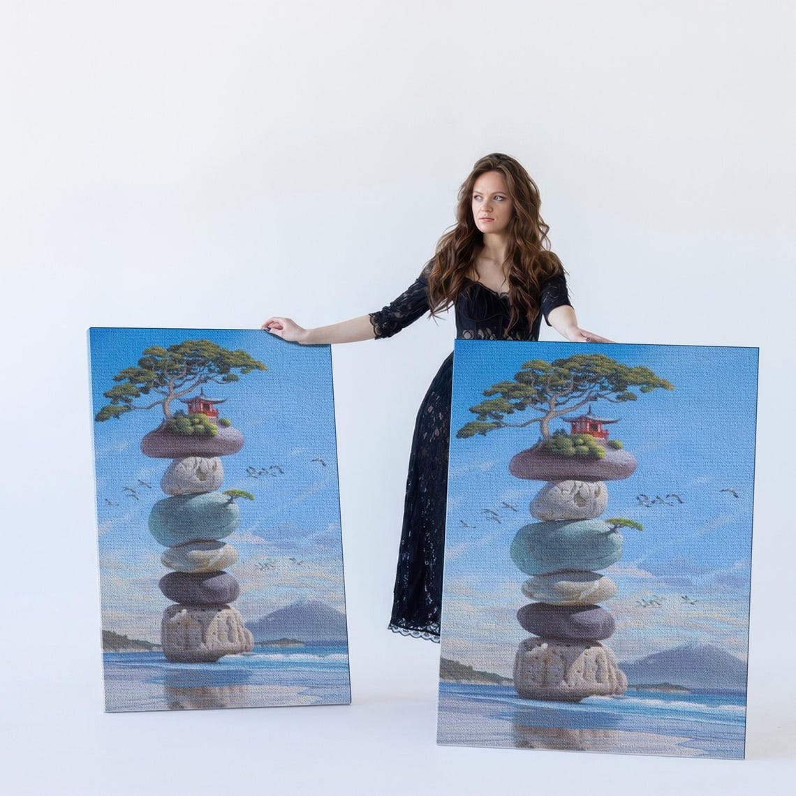 Surreal Stacked Zen Stones Tower with Pagoda by the Sea Poster - Image 5
