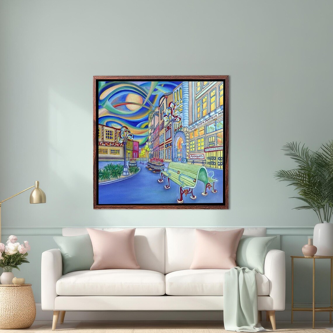 Colorful Illustrated City Street with Benches at Dusk Poster