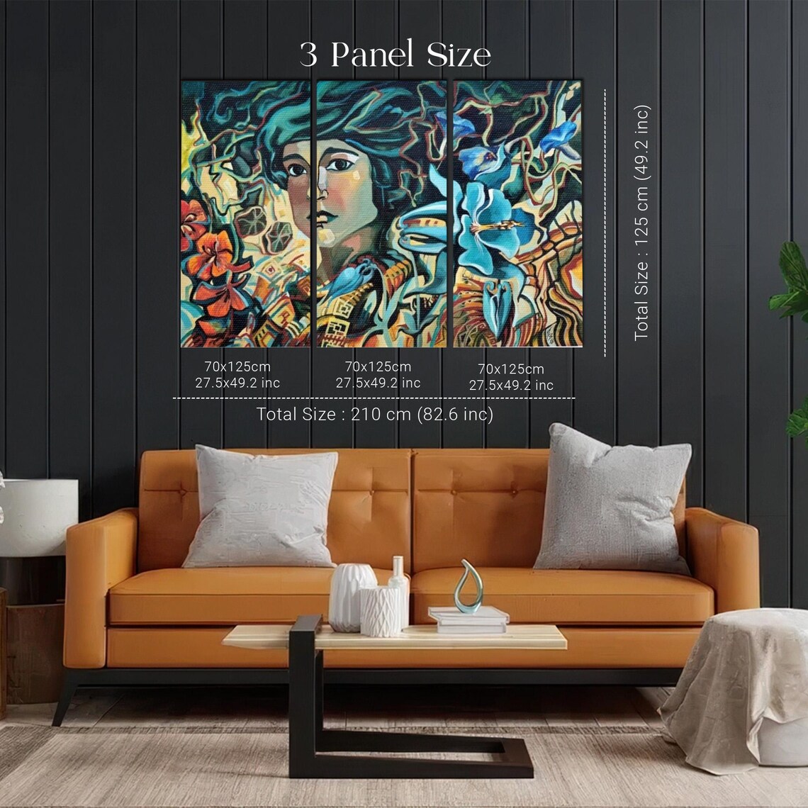 Woman Surrounded by Blue Lilies Stylized Bold Flower Portrait Poster - Image 2