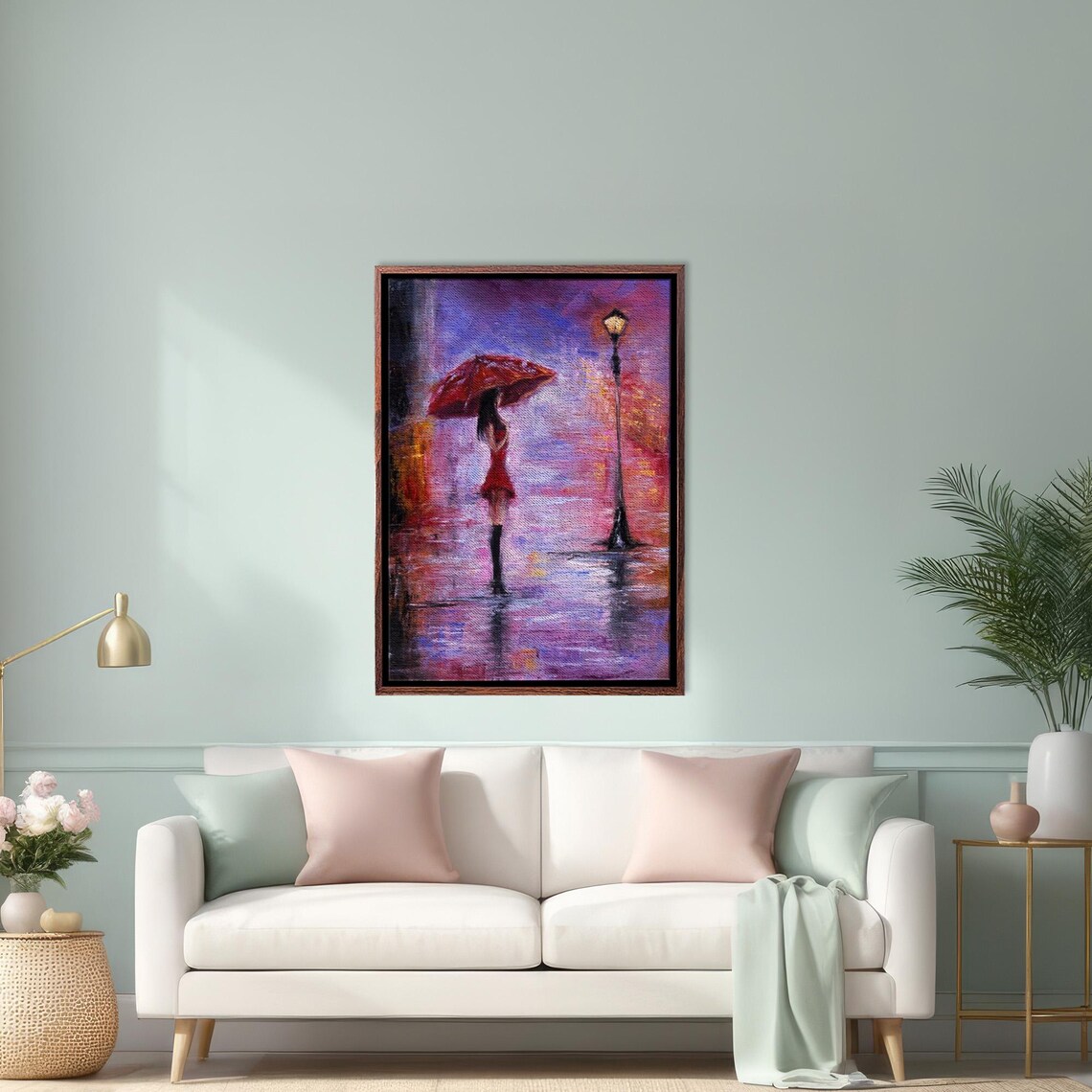 Woman With Red Umbrella Under Lamp on Rainy Night Street Poster