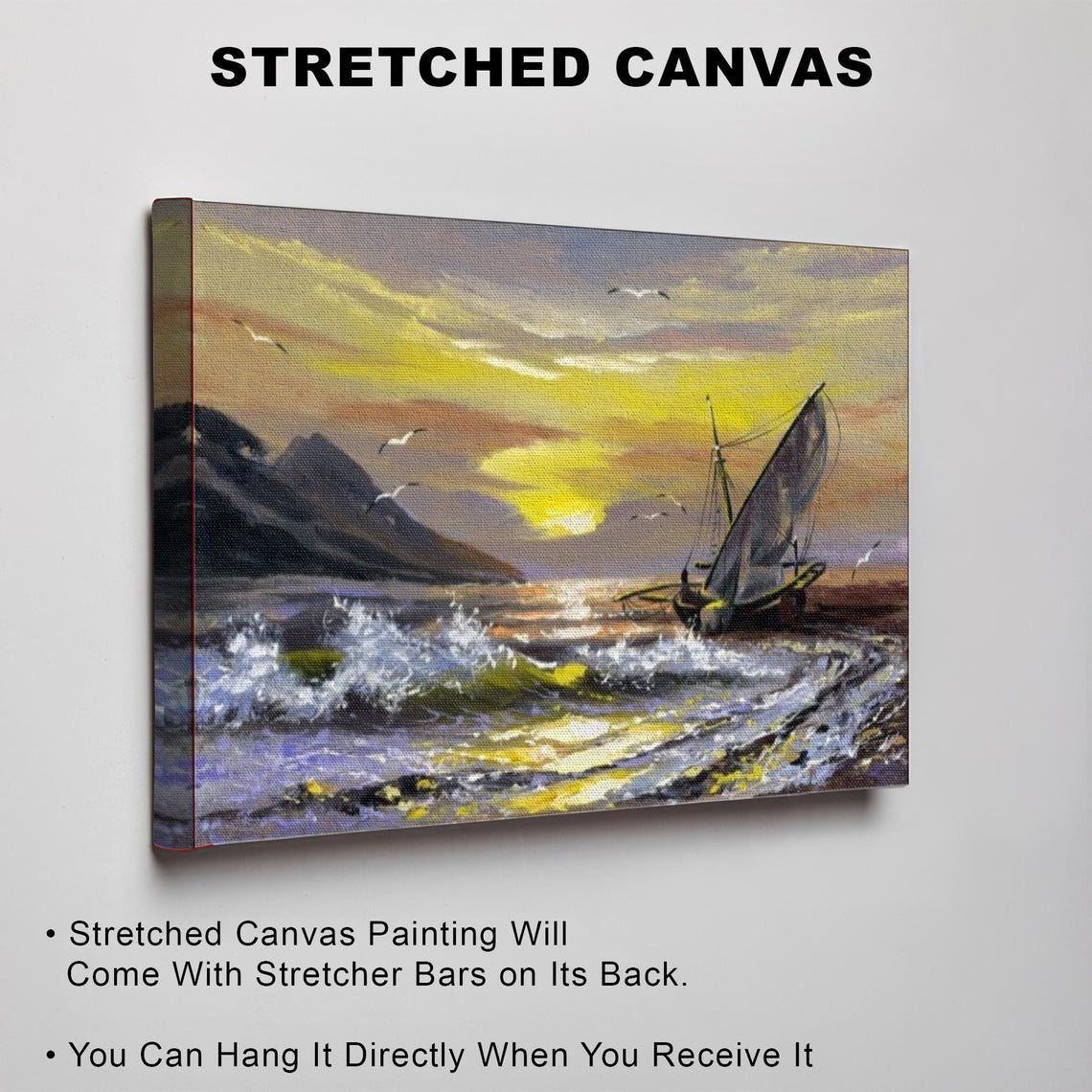 Sailboat On Ocean Waves At Golden Sunset Seascape Painting Poster - Image 3