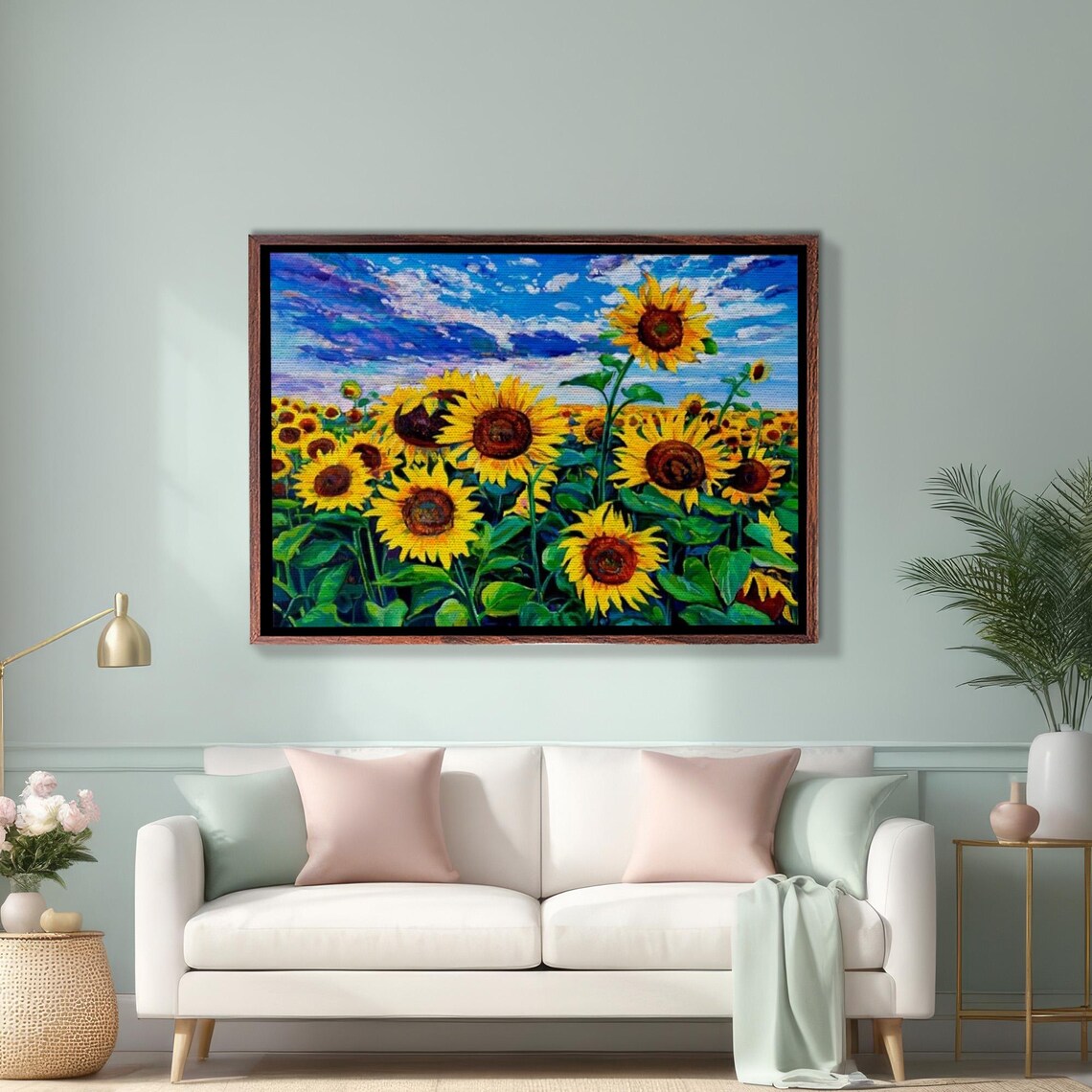 Sunflower Field Under Bright Blue Sky Oil Painting Style Poster