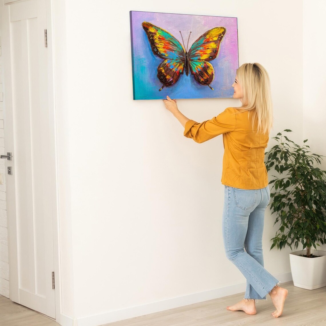Colorful Rainbow Butterfly Wings on Blue Background Art Poster - Image 5