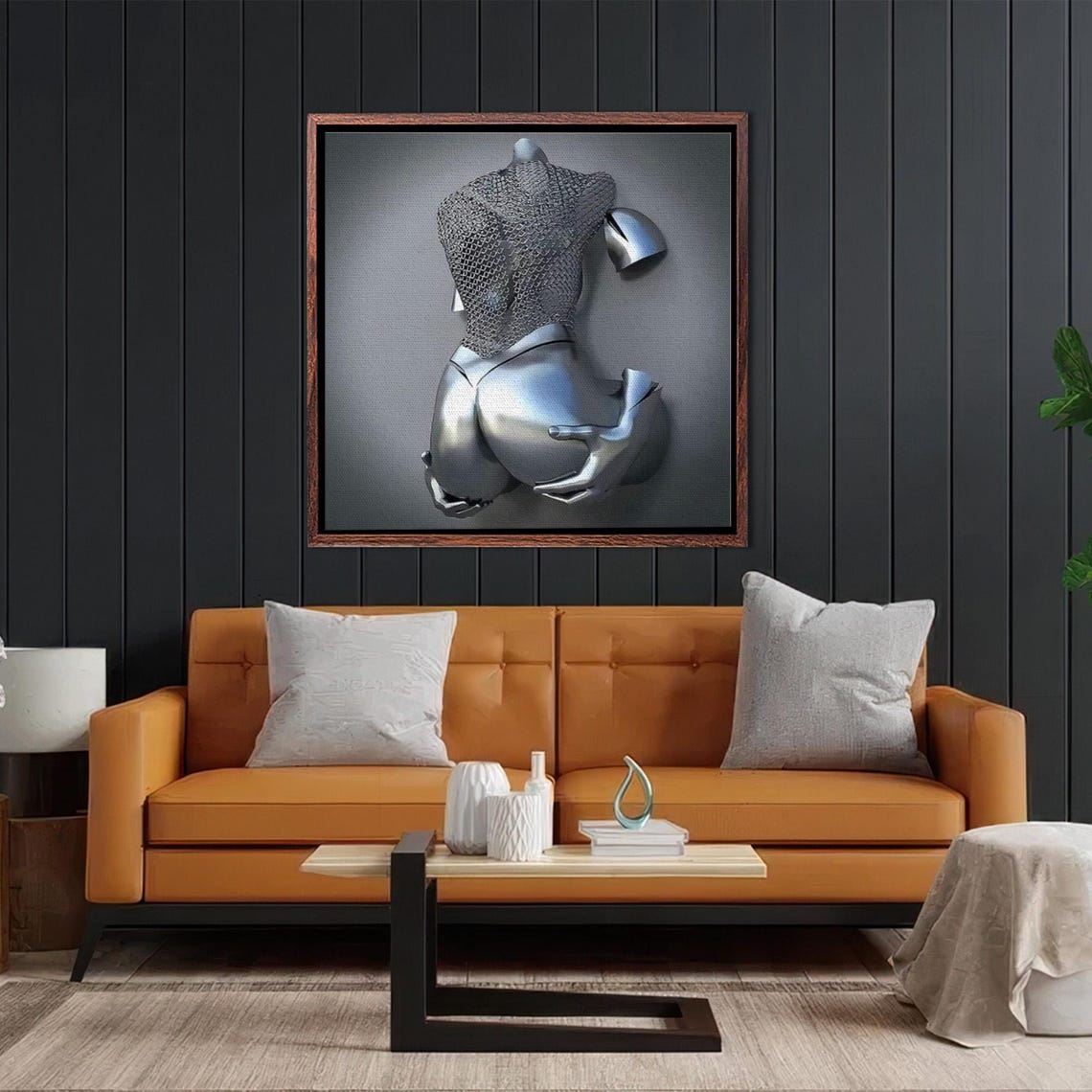 Silver Chrome 3D Surreal Female Torso Sculpture On Gray Poster - Image 2