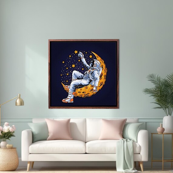 Astronaut Relaxing on Crescent Moon Stars Illustration Poster