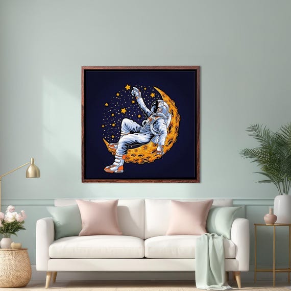 Astronaut Resting On The Moon Painting Illustration Wall Art Large Wall Art Housewarming Gifts Framed Wall Art