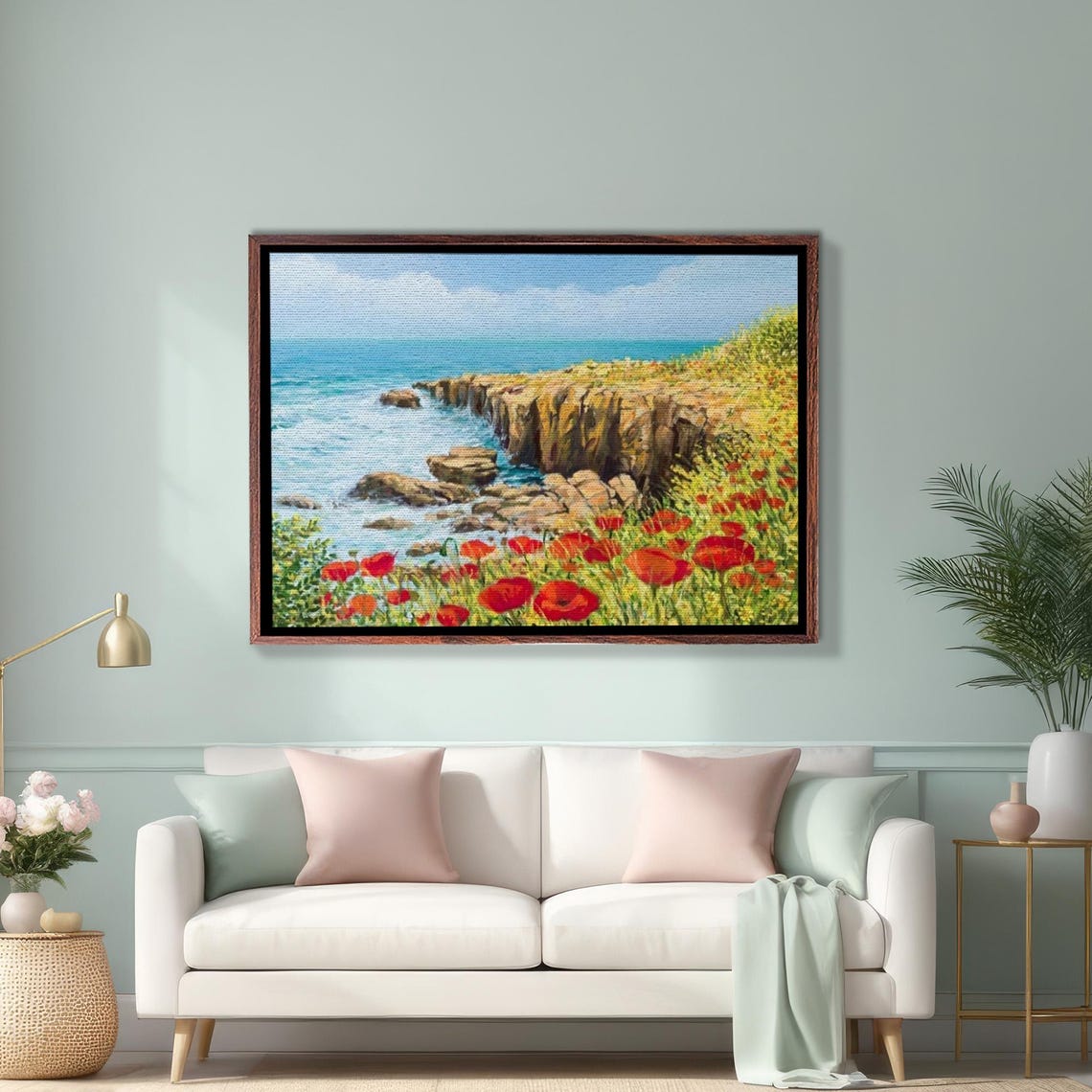 Rocky Ocean Cliffs Red Poppy Meadow Dramatic Coastal Seascape Poster