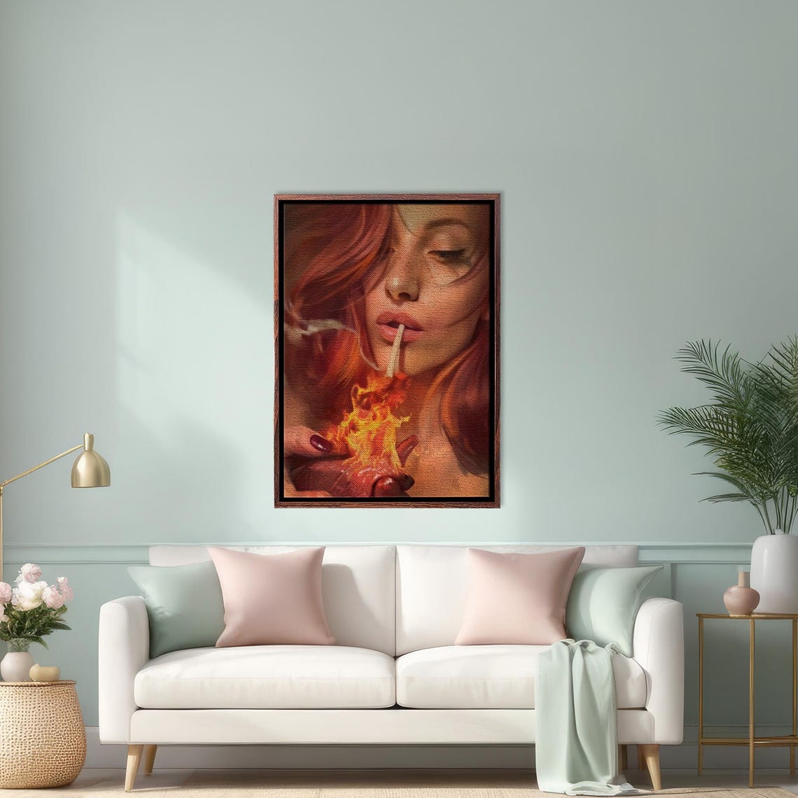 Red Haired Woman Lighting a Cigarette from a Flaming Heart Poster