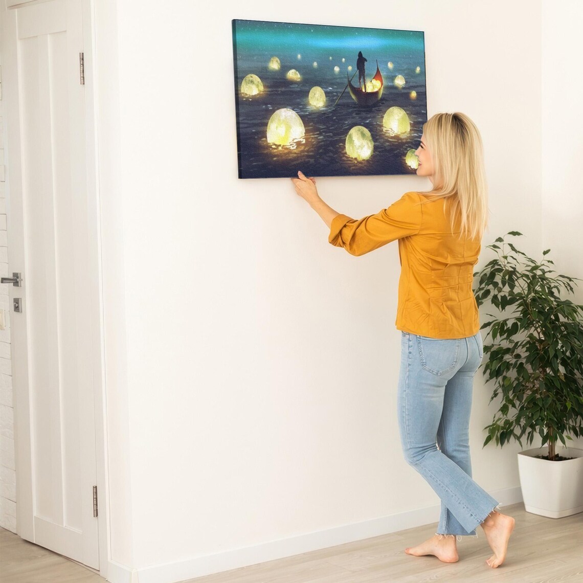 Man Collecting Glowing Fallen Moons From A Boat Surreal Night Art Poster - Image 5