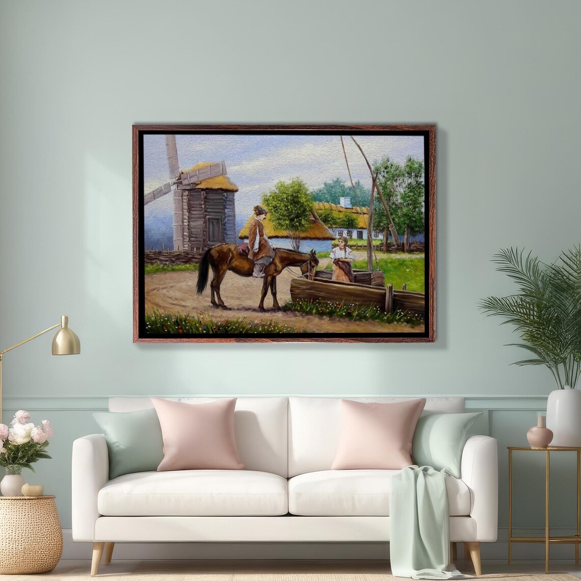 Boy on Horse by Windmill in Ukrainian Village Painting Poster