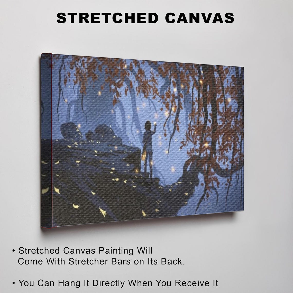 Woman Catching Golden Leaves In Dark Enchanted Autumn Forest Poster - Image 3