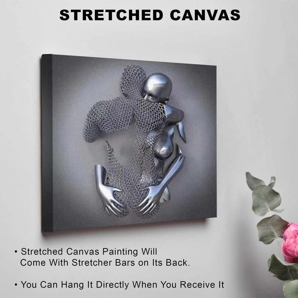 Chrome Silver Embracing Figures Surreal 3D Metallic Effect Poster - Image 3