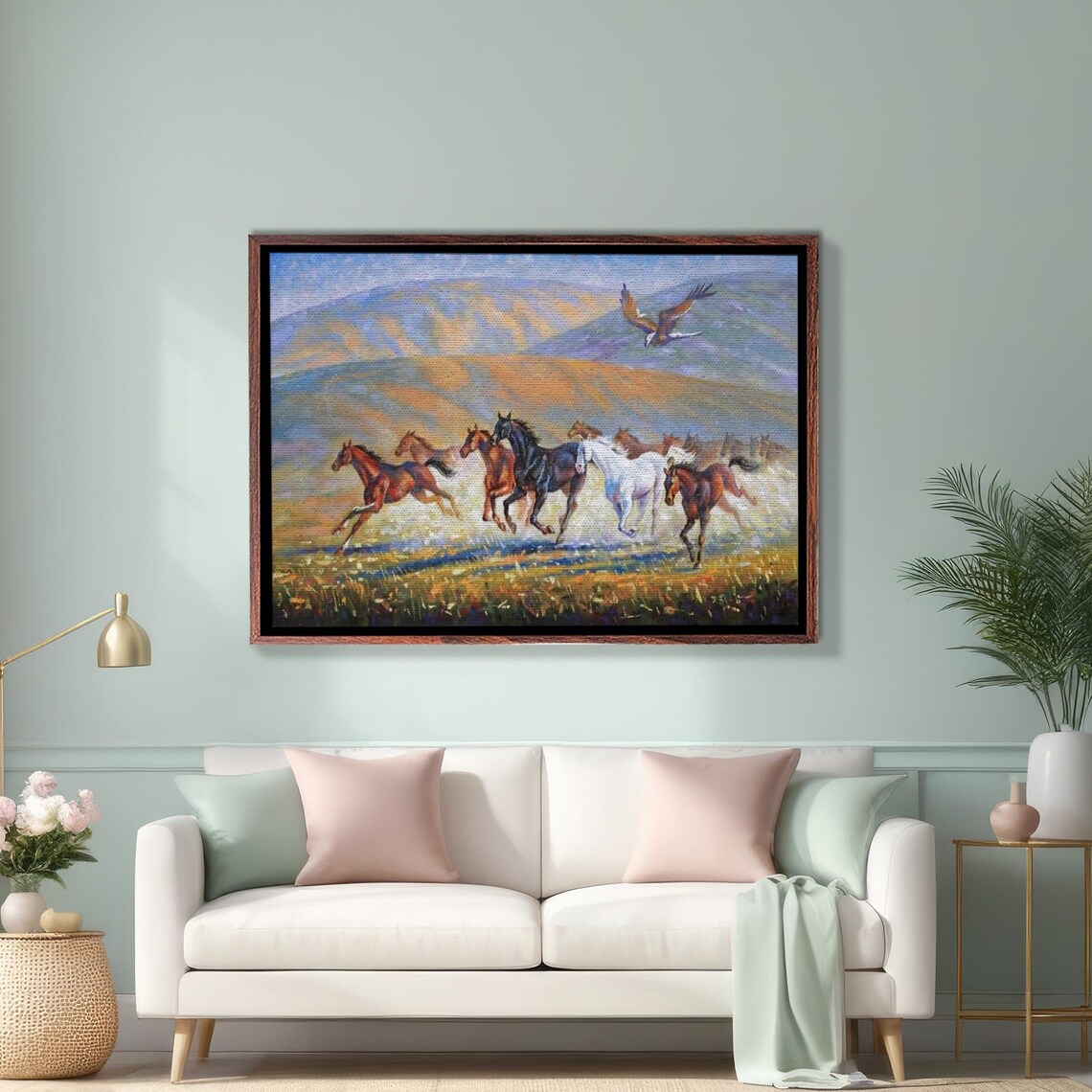 Galloping Wild Horses With Soaring Eagle At Sunset Painting Poster