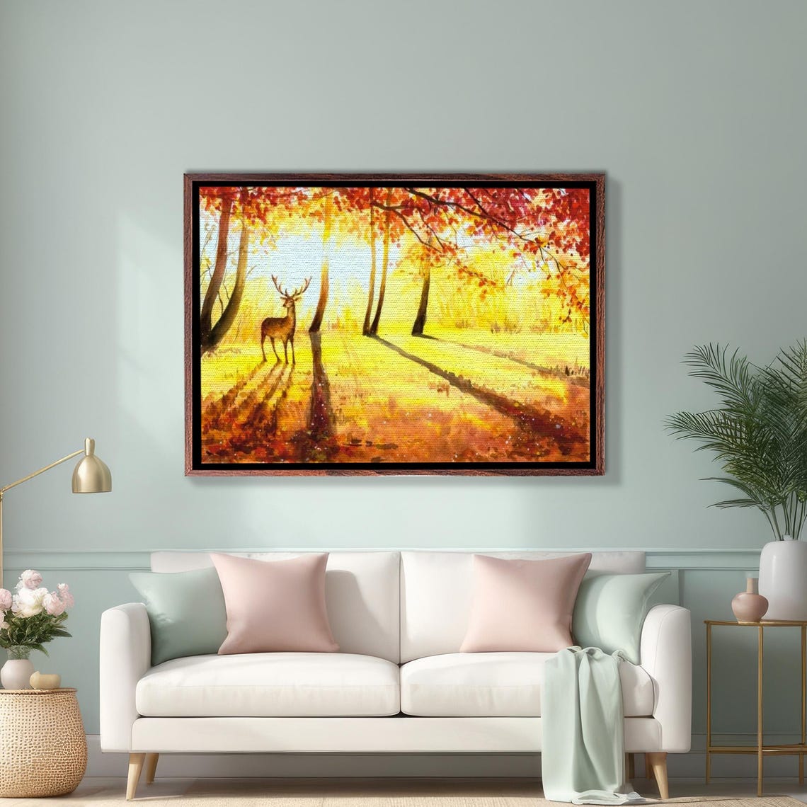 Stag Standing In Golden Autumn Forest With Red Leaves Poster