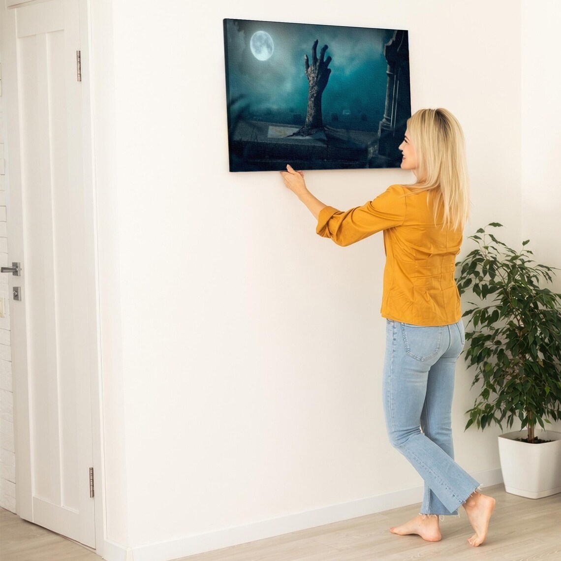 Zombie Hand Rising From Grave Under Full Moon Halloween Poster - Image 5