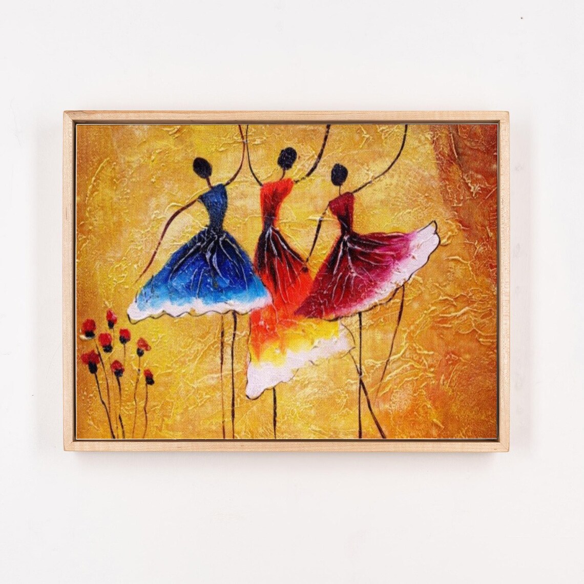 Three Flamenco Dancers Swirling Gowns Gold Background Poster - Image 4