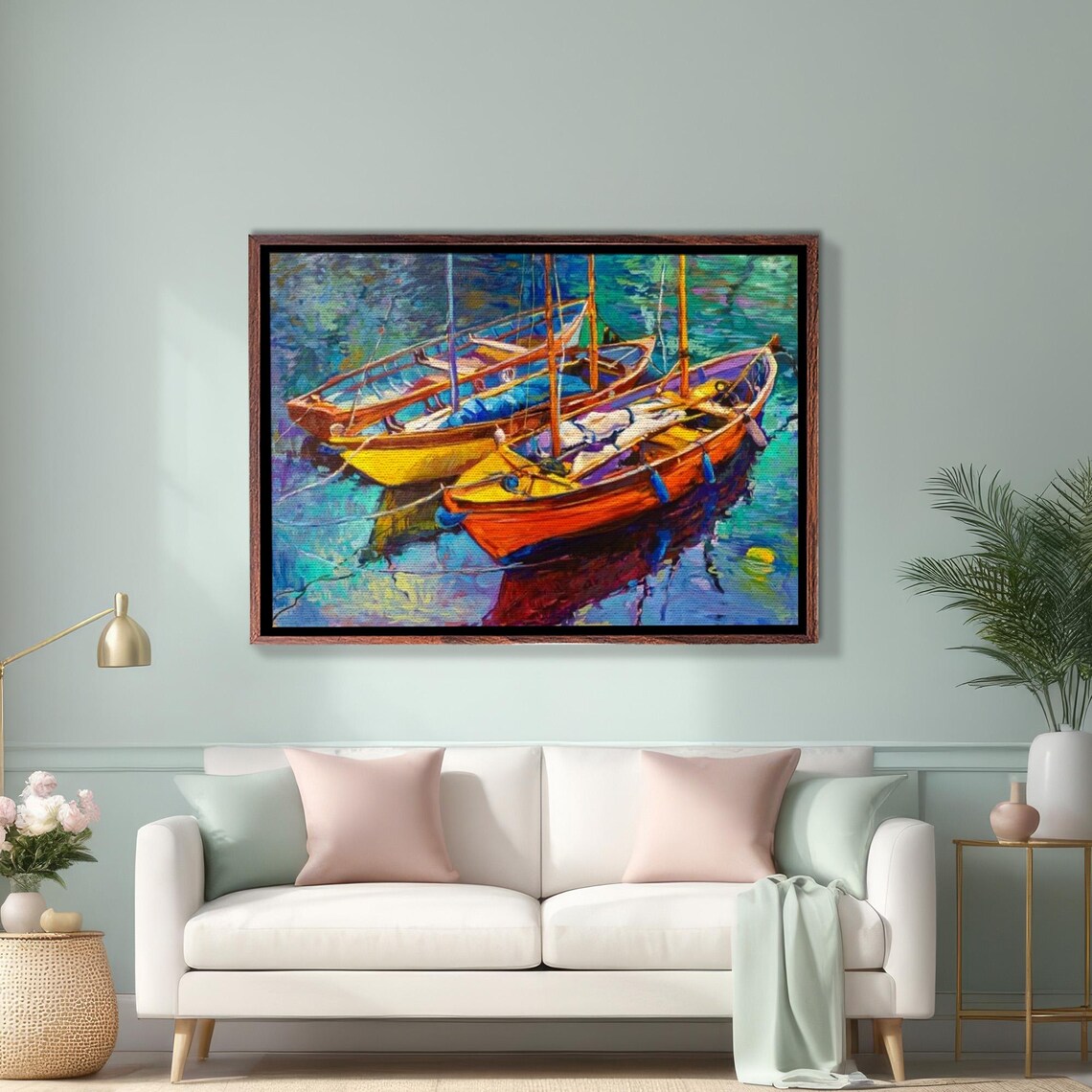 Vibrant Fauvist Sailboats Moored In Colorful Harbor Painting Poster